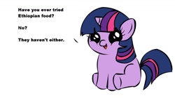 Size: 1194x668 | Tagged: safe, derpibooru import, twilight sparkle, pony, unicorn, dialogue, ethiopia, exploitable meme, female, filly, filly twilight sparkle, filly twilight telling an offensive joke, horn, looking at you, meme, multicolored mane, multicolored tail, obligatory pony, purple coat, simple background, sitting, smiling, solo, talking to viewer, underhoof, vulgar, white background