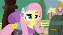 Size: 1920x1080 | Tagged: safe, edit, edited screencap, screencap, fluttershy, pegasus, pony, dungeons and discords, bedroll, bedroom eyes, blushing, cute, eyebrows, faic, saddle bag, shyabetes, smiling