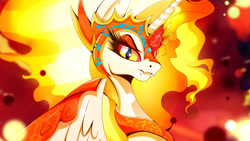 Size: 1920x1080 | Tagged: safe, artist:rariedash, derpibooru import, daybreaker, alicorn, pony, a royal problem, fangs, female, helmet, looking at you, mare, solo, wallpaper