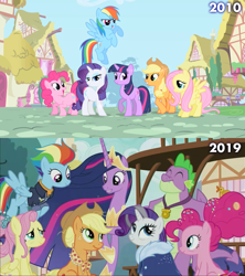 Size: 1280x1440 | Tagged: safe, derpibooru import, edit, edited screencap, screencap, applejack, fluttershy, pinkie pie, princess twilight 2.0, rainbow dash, rarity, spike, twilight sparkle, twilight sparkle (alicorn), unicorn twilight, alicorn, dragon, earth pony, pegasus, pony, unicorn, the last problem, 2010, 2019, end of ponies, finale, future, gigachad spike, grown, mane seven, mane six, older, older applejack, older fluttershy, older mane seven, older mane six, older pinkie pie, older rainbow dash, older rarity, older spike, older twilight, ponyville, skunk stripe, winged spike