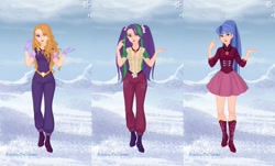 Size: 1024x618 | Tagged: safe, adagio dazzle, aria blaze, sonata dusk, equestria girls, rainbow rocks, alternate costumes, cute, human coloration, snow, the dazzlings