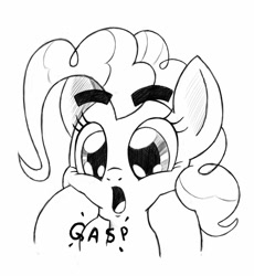 Size: 1176x1280 | Tagged: safe, artist:trickydick, pinkie pie, earth pony, pony, cute, diapinkes, eyebrows, gasp, monochrome, open mouth, solo, squishy cheeks