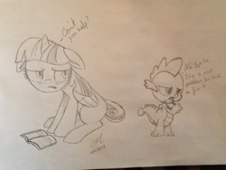 Size: 1024x768 | Tagged: safe, artist:craddlemaster, derpibooru import, spike, twilight sparkle, twilight sparkle (alicorn), alicorn, pony, body swap, book, dialogue, female, mare, traditional art