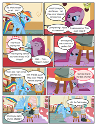 Size: 612x792 | Tagged: safe, artist:newbiespud, derpibooru import, edit, edited screencap, screencap, mr. turnip, pinkie pie, rainbow dash, rocky, earth pony, pegasus, pony, comic:friendship is dragons, party of one, angry, bucket, cake, comic, dialogue, female, flying, food, frown, grin, hat, hooves, insanity, looking down, looking up, mare, party hat, pinkamena diane pie, screencap comic, smiling, spread wings, stool, under the table, wings