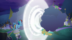 Size: 1920x1080 | Tagged: safe, derpibooru import, screencap, merry may, rainbow dash, sunshower raindrops, pegasus, pony, the summer sun setback, canterlot, cloud, female, flying, night, spread wings, wings