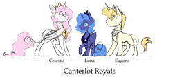 Size: 1600x717 | Tagged: safe, artist:torusthescribe, princess celestia, princess luna, oc, oc:eugene, alicorn, pony, unicorn, leonine tail, male, pink-mane celestia, royal sisters, s1 luna, simple background, stallion, transparent background