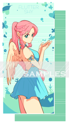 Size: 1000x1800 | Tagged: safe, artist:dusty-munji, fluttershy, human, backless, clothes, dress, humanized, obtrusive watermark, pony coloring, sample, solo, watermark