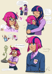 Size: 780x1099 | Tagged: safe, artist:hazurasinner, derpibooru import, twilight sparkle, oc, oc:starchaser, oc:windy belle, human, blazer, clothes, hug, humanized, magical lesbian spawn, necktie, offspring, parent:fluttershy, parent:pinkie pie, parent:rainbow dash, parent:twilight sparkle, parents:flutterdash, parents:twinkie, school uniform, schoolgirl, shipping, shirt, skirt