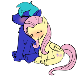 Size: 1000x1000 | Tagged: safe, artist:cruelunicorn, fluttershy, oc, oc:lightning bolt, pegasus, pony, canon x oc, cuddling, flutterbolt, male, shipping, snuggling, straight