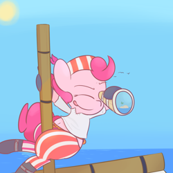 Size: 1280x1280 | Tagged: safe, artist:mr-degration, pinkie pie, earth pony, pony, clothes, pirate, solo, telescope