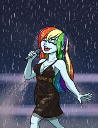 Size: 2550x3300 | Tagged: safe, artist:latecustomer, derpibooru import, rainbow dash, equestria girls, black dress, breasts, cleavage, clothes, commission, commissioner:ajnrules, dress, eyes closed, female, high res, little black dress, microphone, rain, rainboob dash, rainbow dash always dresses in style, singing, singing in the rain, smiling, solo, wet, wet clothes, wet dress
