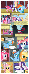 Size: 612x1556 | Tagged: safe, artist:newbiespud, derpibooru import, edit, edited screencap, screencap, applejack, fluttershy, pinkie pie, rainbow dash, rarity, twilight sparkle, unicorn twilight, dragon, earth pony, pegasus, pony, unicorn, comic:friendship is dragons, balloon, comic, confetti, conga, dialogue, eyes closed, female, flying, freckles, grin, hat, male, mane six, mare, necktie, on back, party hat, raised hoof, rearing, screencap comic, sigh, smiling, stallion, train