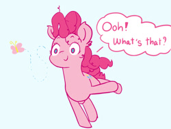 Size: 1024x768 | Tagged: safe, artist:periodicbrony, pinkie pie, butterfly, earth pony, pony, add, blue background, cute, dialogue, diapinkes, ear fluff, looking at something, no pupils, simple background, solo, speech bubble