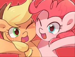 Size: 512x387 | Tagged: safe, artist:miki 14, artist:tomatoraito, applejack, pinkie pie, earth pony, pony, cute, diapinkes, duo, female, happy, jackabetes, mare, one eye closed, open mouth, red background, simple background, smiling, wink