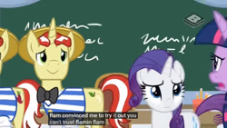 Size: 853x480 | Tagged: safe, screencap, flam, flim, rarity, pony, unicorn, friendship university, meme, youtube caption