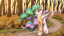 Size: 3840x2160 | Tagged: safe, artist:ohemo, princess celestia, alicorn, pony, 4k, autumn, blushing, bridge, clothes, cutelestia, female, flowing mane, forest, grass, horn, leaves, mare, open mouth, open smile, road, sky, smiling, solo, sweater, tree, walking, wings