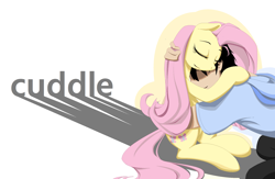 Size: 2000x1300 | Tagged: safe, artist:wookylee, fluttershy, human, cuddling, eyes closed, hug, human on pony snuggling, snuggling