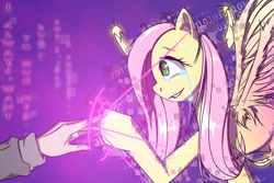 Size: 1500x1000 | Tagged: safe, artist:wookylee, fluttershy, pegasus, pony, crying, error, glitch, hand, reality check, reality ensues, reality sucks, spread wings