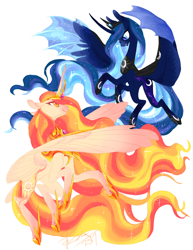 Size: 850x1100 | Tagged: safe, artist:creeate97, princess celestia, princess luna, alicorn, pony, alternate design, duo, female, hybrid wings, jewelry, looking at each other, mare, regalia, royal sisters, simple background, smiling, white background