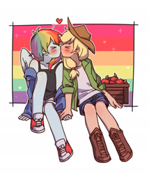 Size: 2048x2389 | Tagged: safe, artist:dcon, derpibooru import, applejack, rainbow dash, equestria girls, apple, appledash, blushing, converse, female, food, heart, kissing, lesbian, pride, shipping, shoes