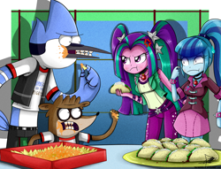 Size: 1338x1023 | Tagged: safe, artist:the-butch-x, aria blaze, sonata dusk, equestria girls, rainbow rocks, crossover, mordecai, mordecai and rigby, nachos, regular show, rigby, sonataco, taco