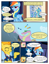 Size: 612x792 | Tagged: safe, artist:newbiespud, derpibooru import, edit, edited screencap, screencap, applejack, fluttershy, rainbow dash, spike, spitfire, dragon, earth pony, pegasus, pony, comic:friendship is dragons, clothes, comic, dialogue, eyes closed, female, flying, freckles, frown, greed spike, male, mare, poster, screencap comic, stallion, sunglasses, uniform, wonderbolt trainee uniform, wonderbolts