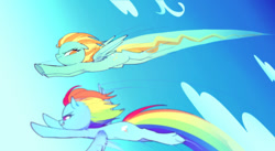 Size: 500x274 | Tagged: safe, artist:kkmrarar, derpibooru import, lightning dust, rainbow dash, pegasus, pony, wonderbolts academy, cloud, female, flying, mare, racing, sky, smiling, spread wings, wings