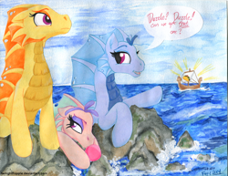 Size: 1298x1000 | Tagged: safe, artist:foxxy-arts, adagio dazzle, aria blaze, sonata dusk, hippocampus, merpony, siren, equestria girls, rainbow rocks, bubblegum, cute, ocean, ship, sirens doing siren things, sonataco, the dazzlings, traditional art