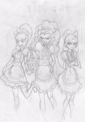 Size: 2448x3493 | Tagged: artist needed, safe, adagio dazzle, aria blaze, sonata dusk, equestria girls, rainbow rocks, clothes, humanized, maid, monochrome, the dazzlings, traditional art