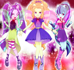 Size: 1800x1700 | Tagged: safe, artist:knmdk2, artist:roriaki, adagio dazzle, aria blaze, sonata dusk, equestria girls, rainbow rocks, bare shoulders, boots, bracelet, clothes, female, fin wings, gem, gloves, jewelry, one eye closed, open mouth, pixiv, ponied up, shoes, siren gem, skirt, sleeveless, smiling, the dazzlings