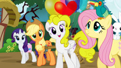 Size: 1366x768 | Tagged: safe, artist:daringashia, angel bunny, applejack, fluttershy, rarity, surprise, earth pony, pony, g1, balloon, cart, g1 to g4, generation leap, race swap, saddle bag