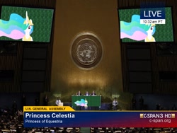 Size: 960x720 | Tagged: safe, artist:bobby165324, princess celestia, alicorn, human, pony, c-span, c-span3, female, irl, irl human, mare, news, photo, ponies in real life, united nations