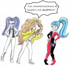 Size: 2496x2320 | Tagged: safe, artist:mrgodzillajodedor, adagio dazzle, aria blaze, sonata dusk, equestria girls, rainbow rocks, cosplay, harley quinn, queen, spanish, the dazzlings, traditional art