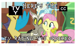 Size: 1078x639 | Tagged: safe, edit, edited screencap, screencap, discord, fluttershy, pegasus, pony, dungeons and discords, caption, image macro, meme, tv-y