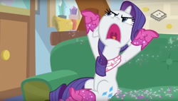 Size: 1610x922 | Tagged: safe, screencap, rarity, pony, unicorn, the end in friend, boots, female, glitter boots, mare, neckerchief, open mouth, shoes, solo, starlight's office, volumetric mouth