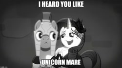 Size: 888x499 | Tagged: safe, edit, edited screencap, screencap, rarity, pony, unicorn, rarity investigates, duo, engrish, female, grayscale, image macro, mare, meme, monochrome, noir, royal guard, seductive