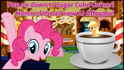 Size: 1245x705 | Tagged: safe, artist:phucknuckl, applejack, pinkie pie, earth pony, pony, affogato, coffee, cup of pony, image macro, meme, sugarcube corner, wet mane