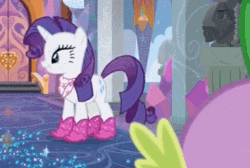 Size: 347x233 | Tagged: safe, screencap, rarity, spike, dragon, pony, unicorn, the end in friend, animated, bandana, boots, bucking, cowboy boots, cute, daaaaaaaaaaaw, excited, female, gif, glitter, glitter boots, grin, happy, horses doing horse things, laughing, male, mare, neckerchief, open mouth, piaffe, prancing, raised hoof, raised leg, rarara, raribetes, school of friendship, shoes, smiling, solo, solo focus, sparkles, trotting, trotting in place, winged spike