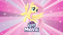 Size: 2560x1440 | Tagged: safe, derpibooru import, fluttershy, pegasus, pony, my little pony: the movie, my little pony logo, solo, wallpaper