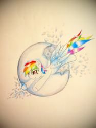Size: 1920x2560 | Tagged: safe, artist:stardust0130, derpibooru import, rainbow dash, pegasus, pony, broken, female, flying, mare, shattered, simple background, solo, sphere, traditional art, wings