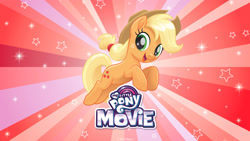 Size: 2560x1440 | Tagged: safe, derpibooru import, applejack, earth pony, pony, my little pony: the movie, my little pony logo, solo, wallpaper