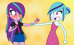 Size: 1072x650 | Tagged: safe, artist:maryam-sheq, aria blaze, sonata dusk, equestria girls, rainbow rocks, alternate hairstyle, arisona, blushing, clothes, denim skirt, dress, female, lesbian, loose hair, shipping, skirt, sleeveless