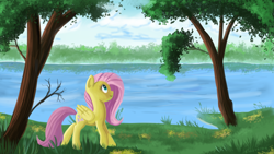 Size: 1280x720 | Tagged: safe, artist:ailynd, fluttershy, pegasus, pony, folded wings, lake, looking away, scenery, solo, tree, walking