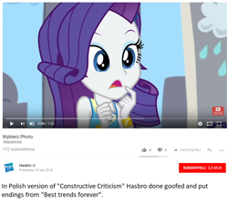 Size: 868x777 | Tagged: safe, rarity, best trends forever, better together, constructive criticism, equestria girls, hasbro, hasbro goofed, polish, why hasbro why, you had one job, youtube