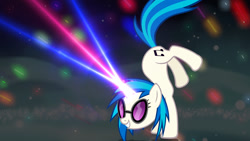 Size: 1920x1080 | Tagged: safe, artist:the-talkie-toaster, derpibooru import, dj pon-3, vinyl scratch, pony, unicorn, female, handstand, laser, magic, mare, smiling, solo, sunglasses, upside down, wallpaper