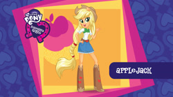 Size: 2560x1440 | Tagged: safe, derpibooru import, applejack, equestria girls, mlp club, my little pony logo, official, solo, wallpaper