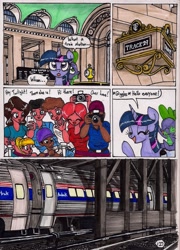 Size: 1415x1970 | Tagged: safe, artist:newyorkx3, derpibooru import, spike, twilight sparkle, twilight sparkle (alicorn), alicorn, dragon, human, pony, comic:twilight and the big city, amfleet, amtrak, camera, comic, female, grand central, male, mare, traditional art, train