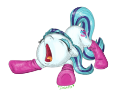 Size: 960x704 | Tagged: safe, artist:bananasplitzel, sonata dusk, equestria girls, rainbow rocks, clothes, cute, equestria girls ponified, open mouth, ponified, socknata, socks, solo, sonatabetes, traditional art, underhoof, yawn