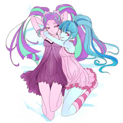 Size: 800x800 | Tagged: safe, artist:pasikon, aria blaze, sonata dusk, equestria girls, rainbow rocks, arisona, clothes, cuddling, female, lesbian, shipping, sleeveless, snuggling, socks, striped socks