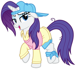 Size: 3500x3200 | Tagged: safe, alternate version, artist:cheezedoodle96, rarity, pony, unicorn, friendship university, .svg available, alternate hairstyle, anklet, backwards ballcap, baseball cap, cap, clothes, female, hat, lidded eyes, looking at you, mare, open mouth, plainity, raised hoof, shirt, shorts, simple background, solo, svg, transparent background, vector